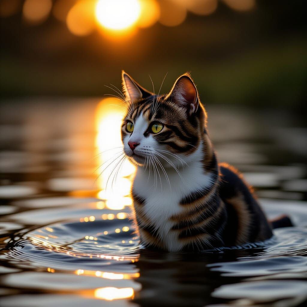 Watercolor Cat at Sunset with Bokeh