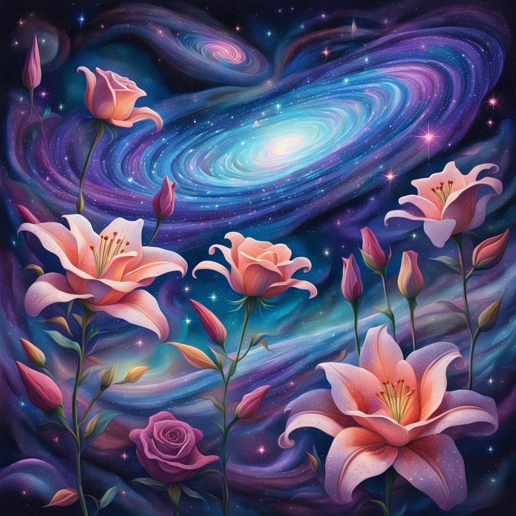 Cosmic Roses and Lilies in Surreal Space Art