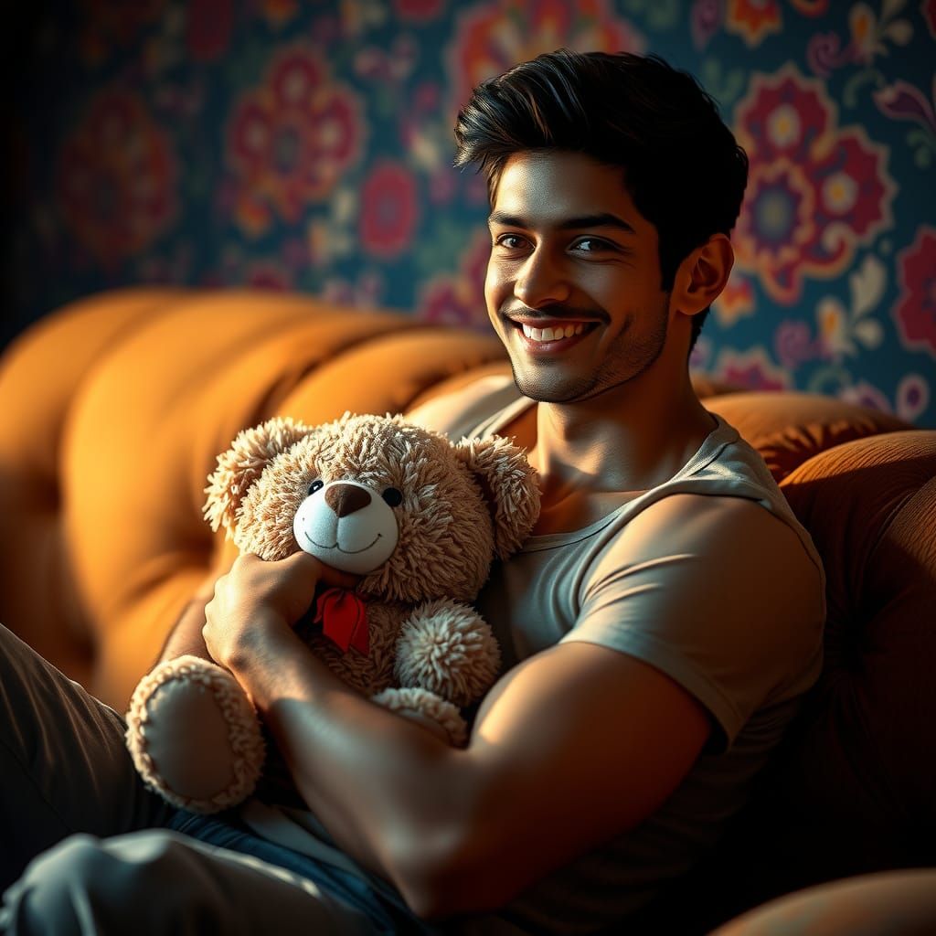 Charming Indian Man Cuddling Teddy Bear, Hyperrealistic Styl...