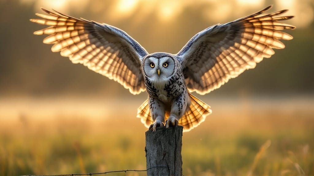 Gray Owl in Flight at Sunrise