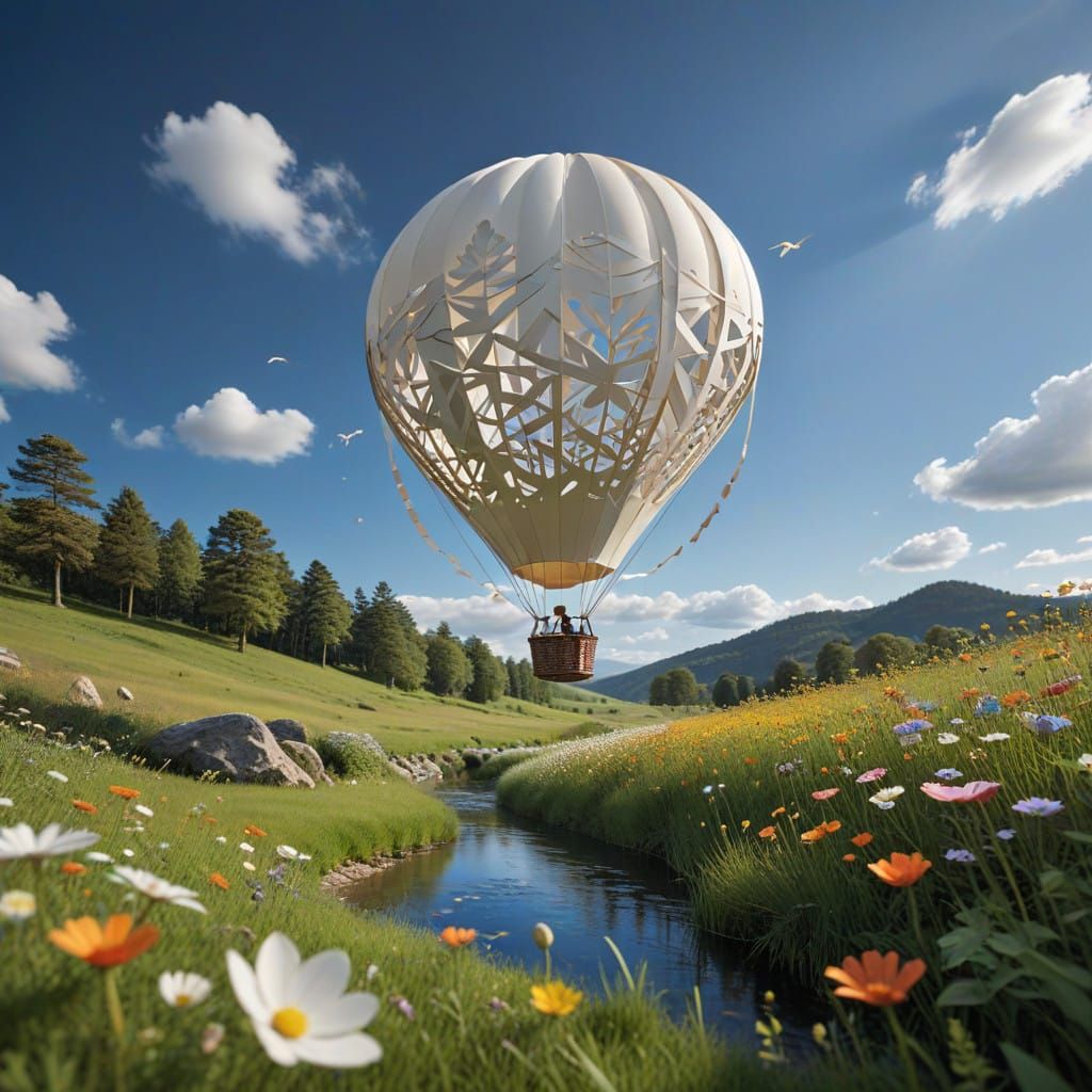 Whimsical Hot Air Balloon Soars Above Lush Meadow in Origami...
