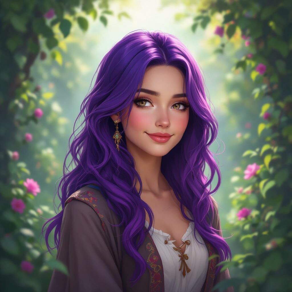 Rumi Portrait with Purple Hair in Enchanted Garden
