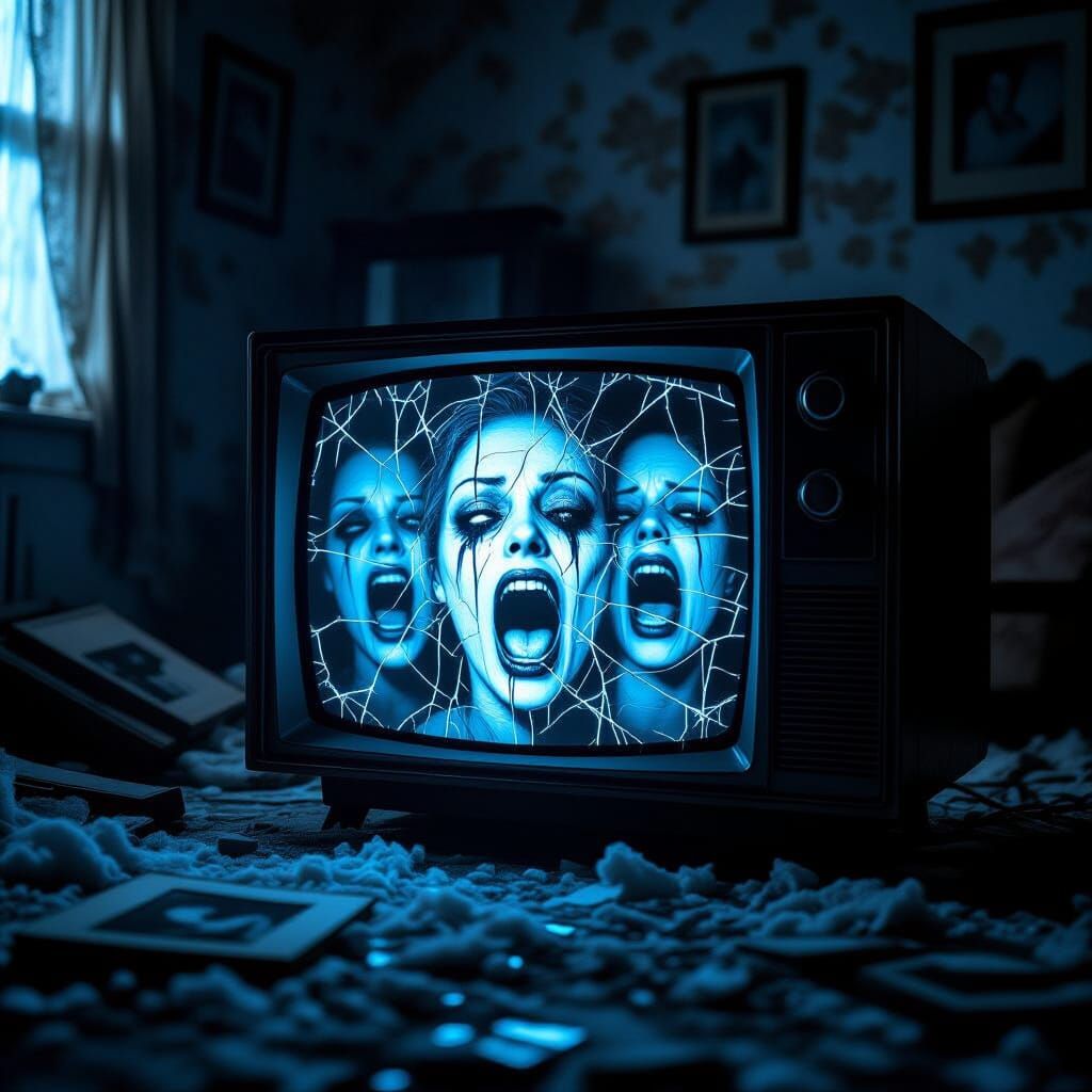 Cracked TV Screen Shows Screaming Faces in Eerie Static