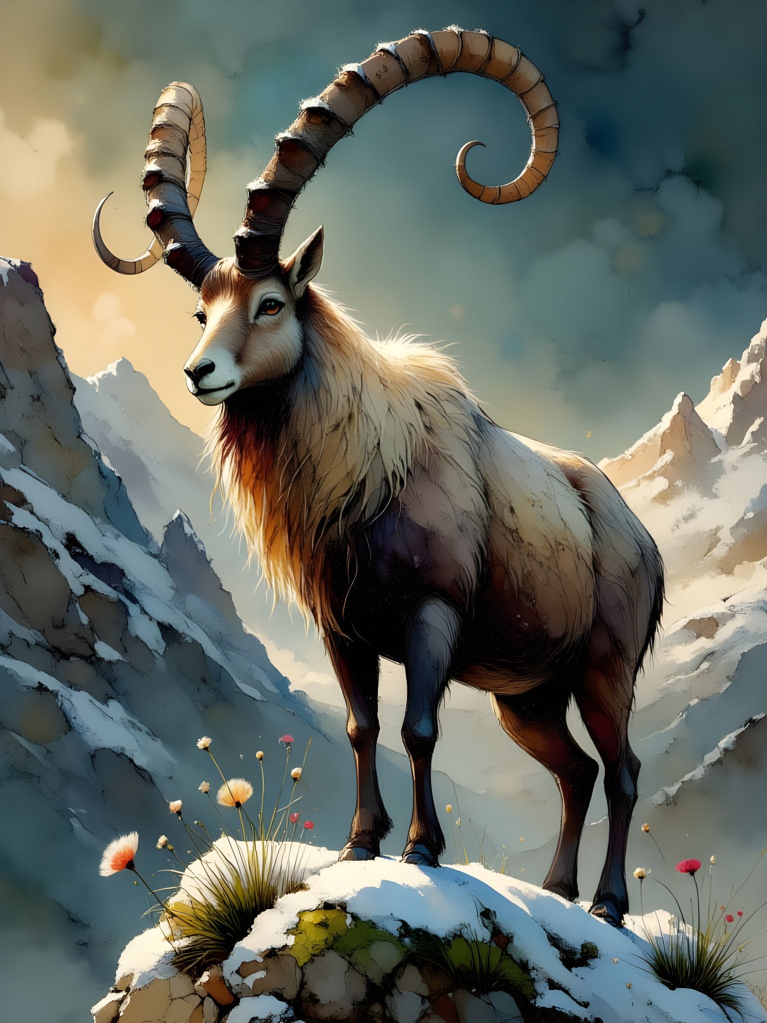 Majestic Alpine Ibex on Snowy Swiss Alps