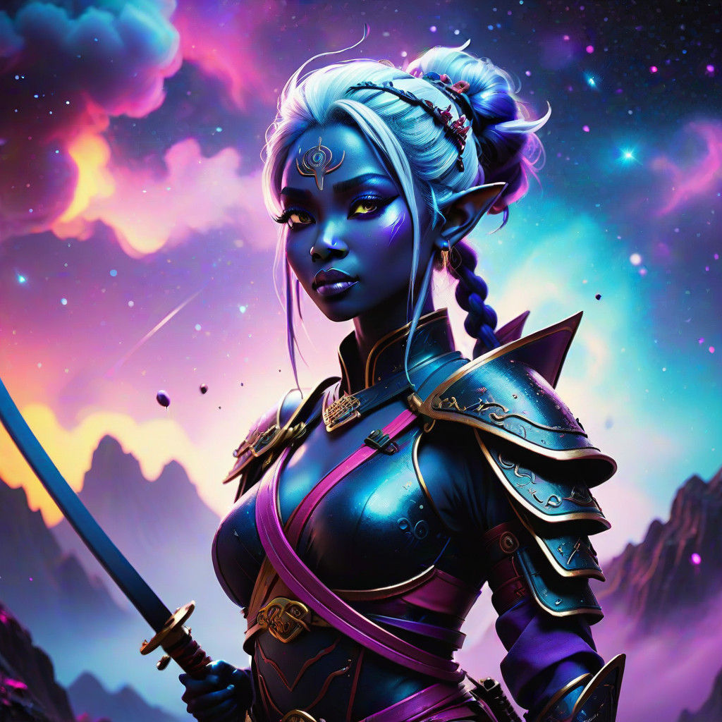 Ethereal Drow Elf Samurai Amidst Vibrant Nebula