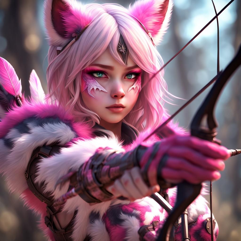 Anime Hunter Girl with Pink Bow and Wolf Features
