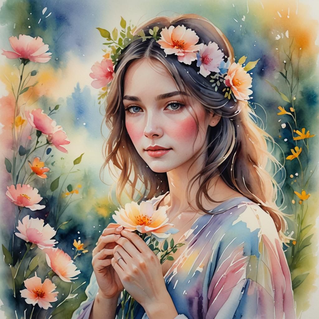 Ethereal Woman Portrait in Vibrant Watercolor