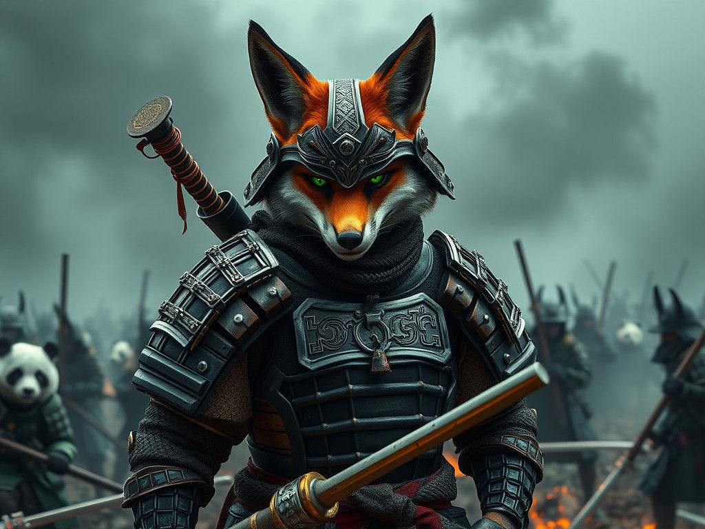 Armored Ninja Fox on Battlefield in Gritty Style