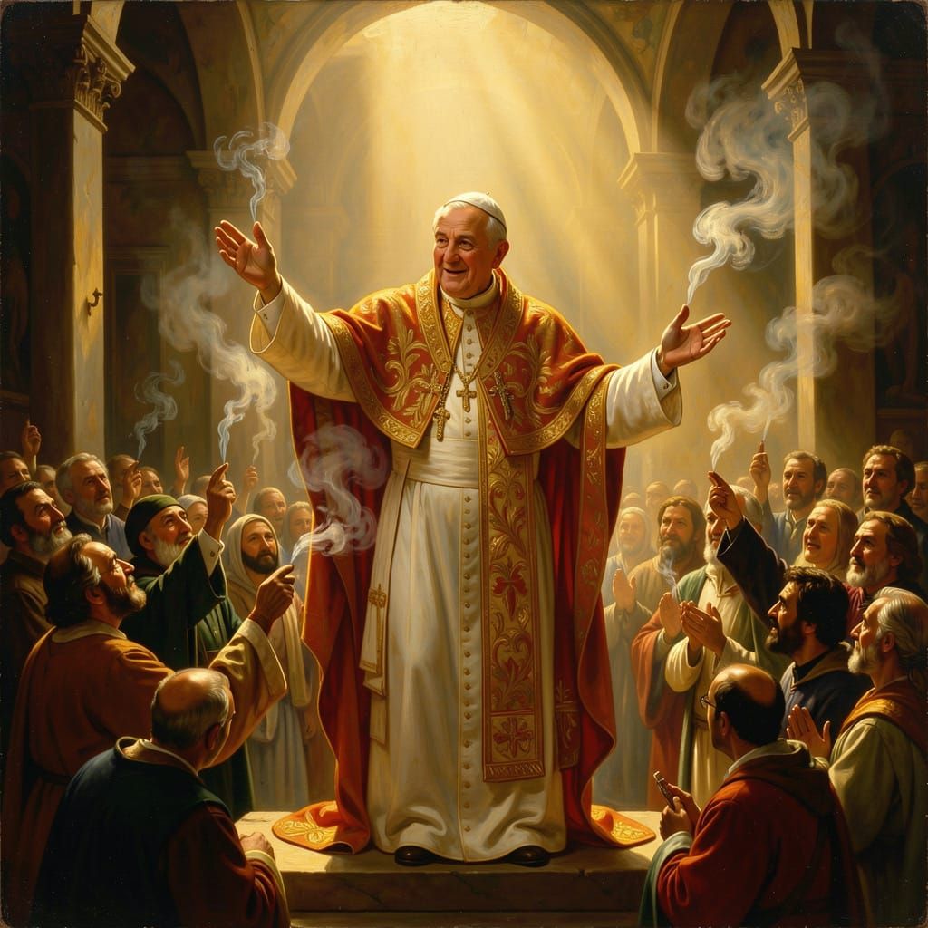 Pope Blessing Crowd in Golden Hour, Caravaggio Style