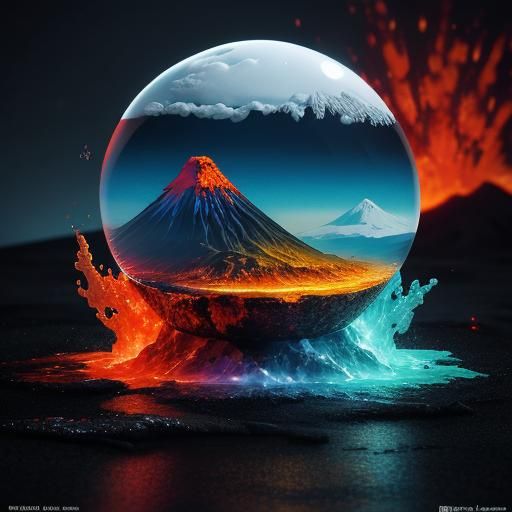 Volcano in Crystal Ball: Hyperrealistic Splash Art