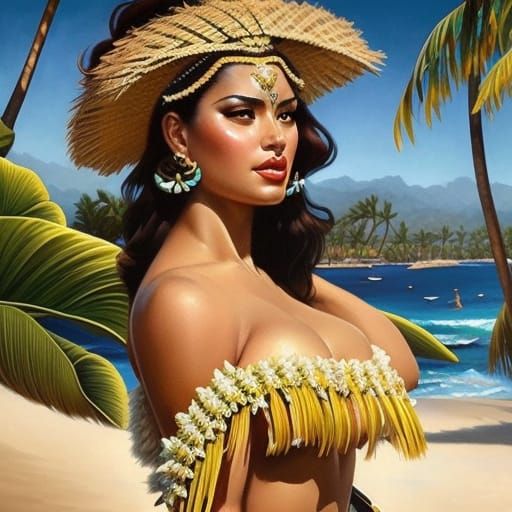 Hula Dancers at Luau in Art Nouveau Style