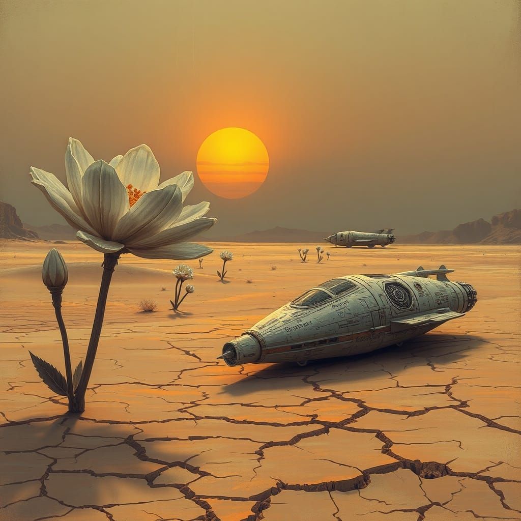 Surreal Desert Blooms Under Binary Sunset with Retro Spacesh...