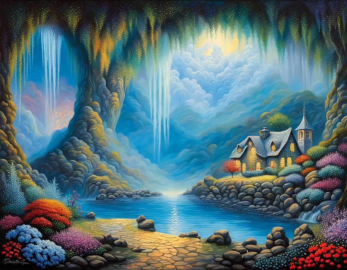 Subterranean Cave Expedition: Surreal Oil on Canvas