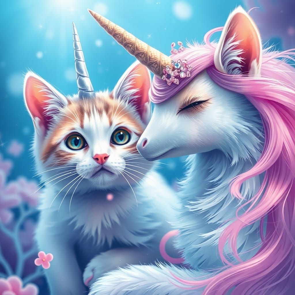 Pastel Cat and Unicorn Underwater Fantasy