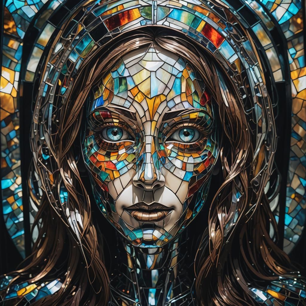 Iridescent Stained Glass Robot Face in Daylight