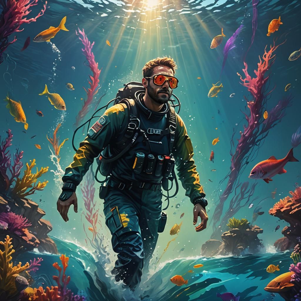 Man Descending into Ocean Depths: Hyperrealistic Concept Art