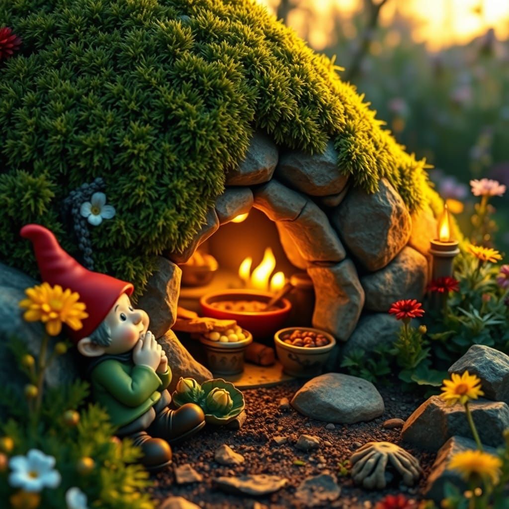 Whimsical Garden Gnome Surrounded by Nature's Bounty
