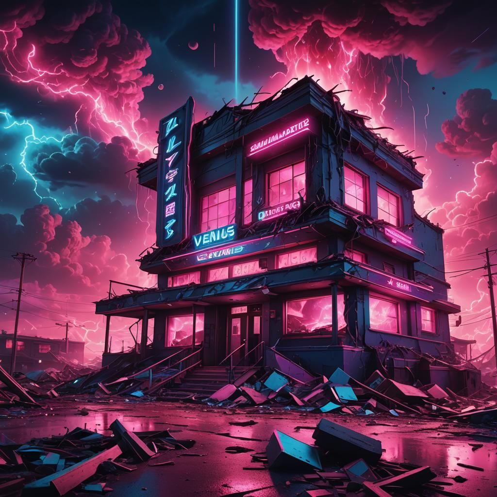 Funeral Home Spaceship Crash on Venus in Synthwave Style