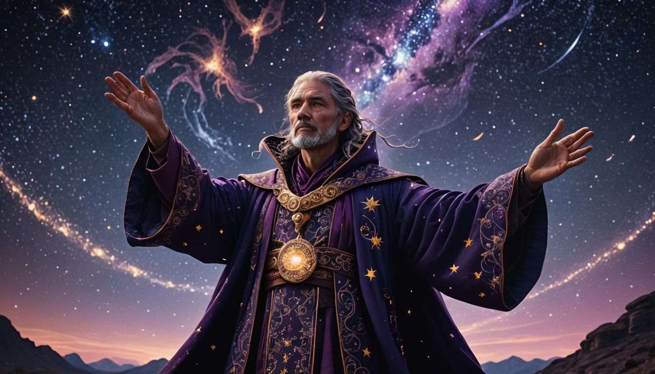 Mage Summons Cosmic Energy Under Starry Night