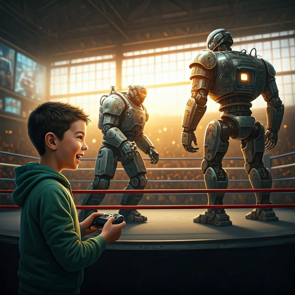 Boy Controls Robot in Boxing Ring Arena