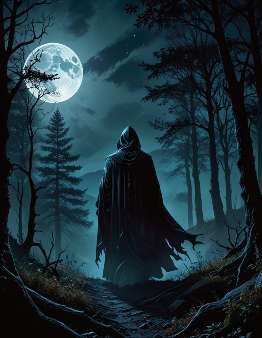 Gothic Moonlit Figure in Forest Silhouette