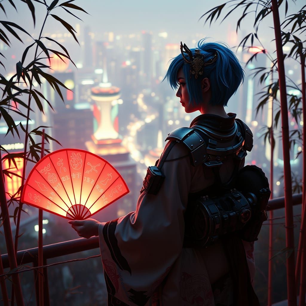 Cyberpunk Geisha in Neon Bamboo Garden