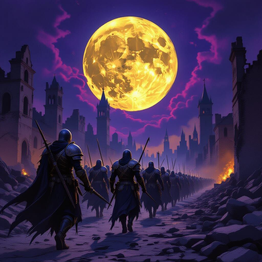 Undead Army Marches from Ruined City Under Full Moon