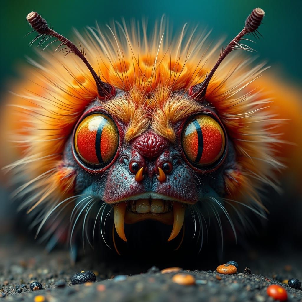 Grotesque Cute Caterpillar in a Vibrant Klimt-Inspired Scene