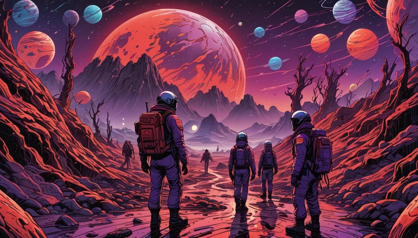 Martian Expedition Led by Brain in Retro Comic Style