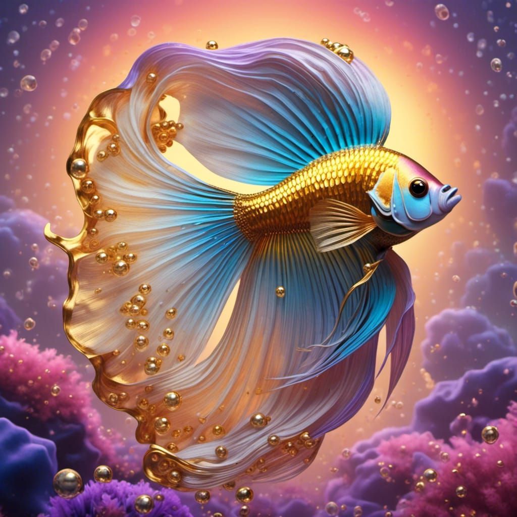 Golden Crown Betta Fish in Sunset with Bubbles