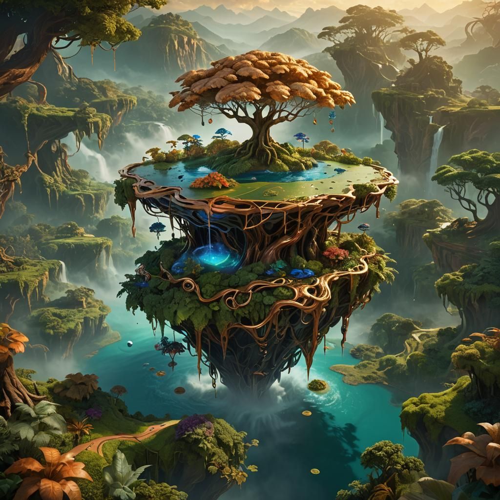 Copper Floating Island in Lush Landscape