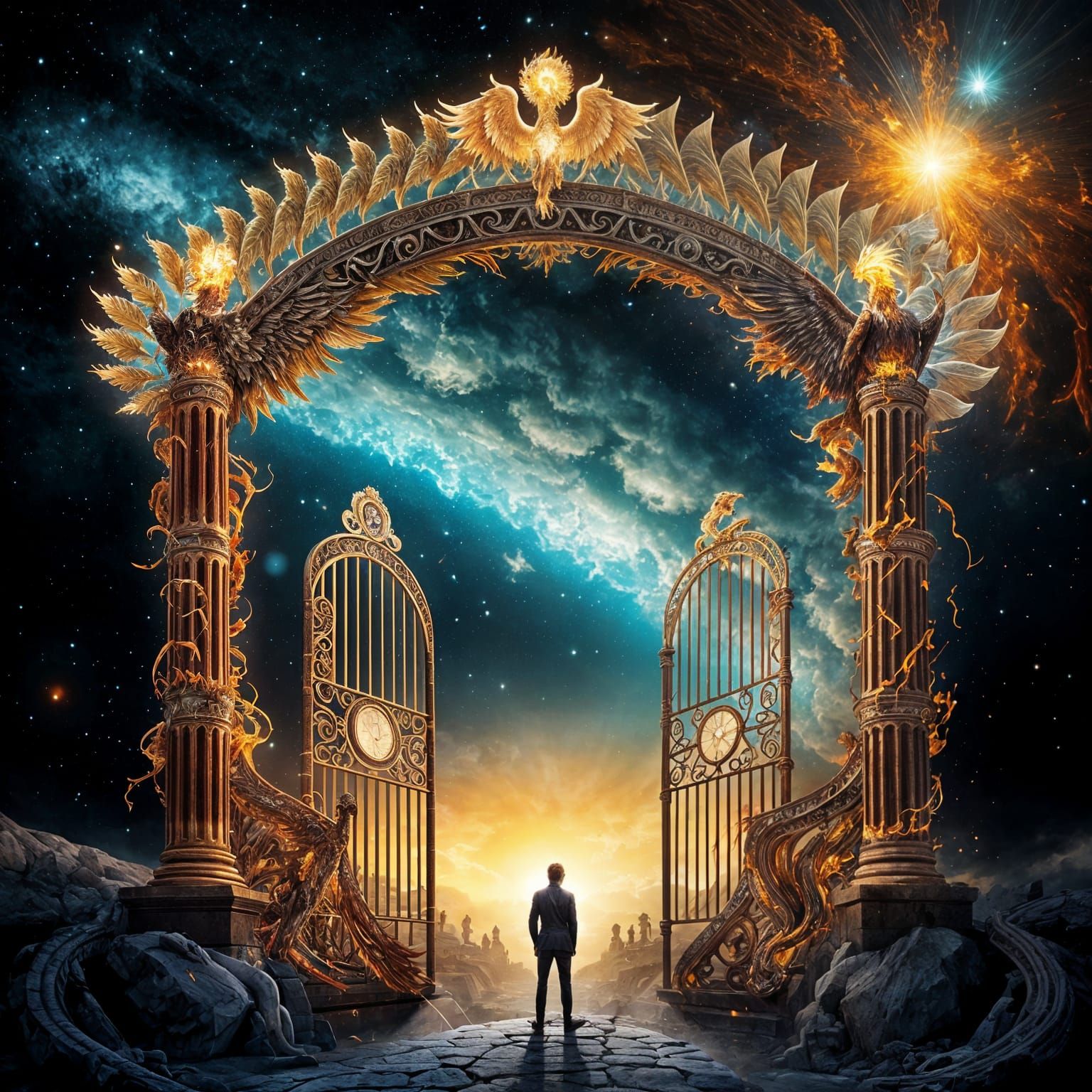 Majestic Phoenix Rises from Ancient Ruins