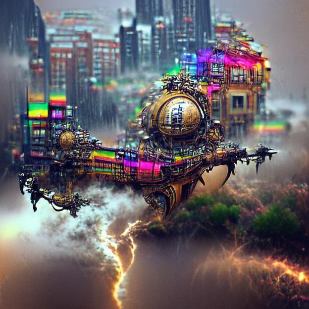 Rainbow Lightning Illuminates Steampunk Cyberpunk City