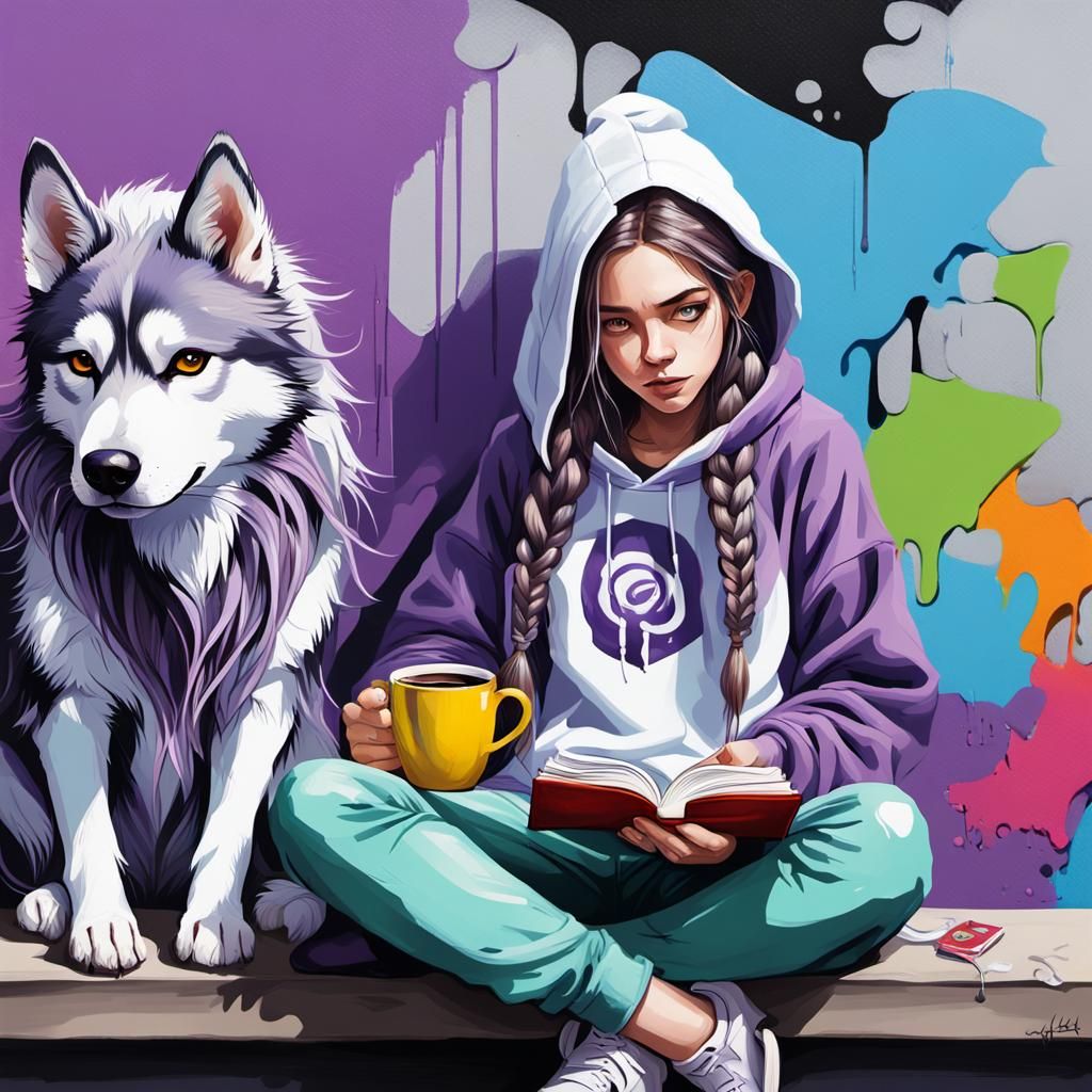 Elf Reading with Husky in Graffiti Art Style