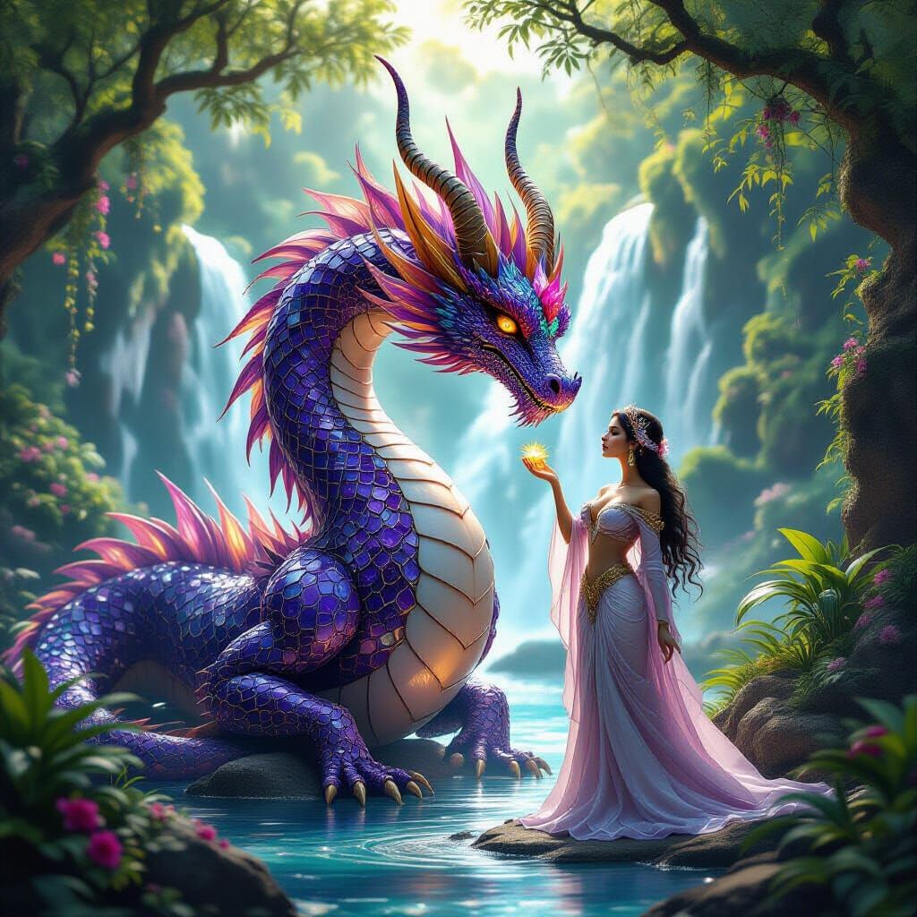 Dragon and Goddess of Love Beside Waterfall