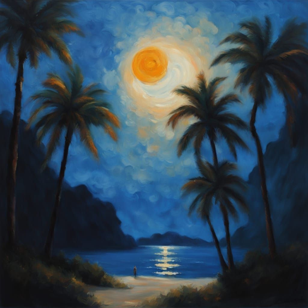Gouache Palm Tree Under Luminous Moon