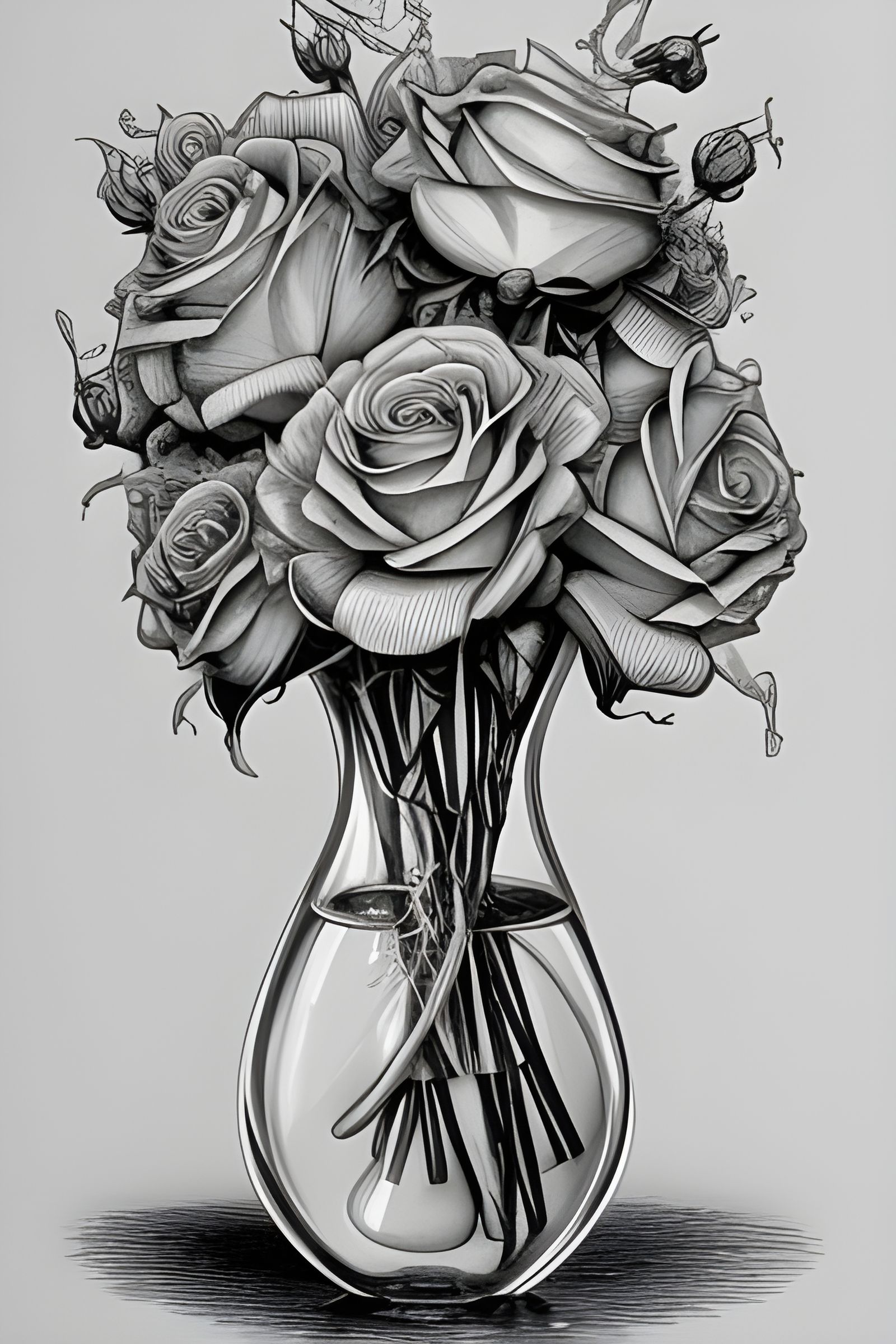 Detailed Pencil Sketch Rose Bouquet in Vase
