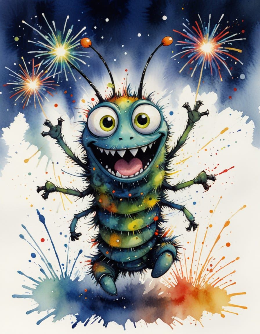Anthropomorphic Caterpillar with Fireworks in Ink Splatter S...