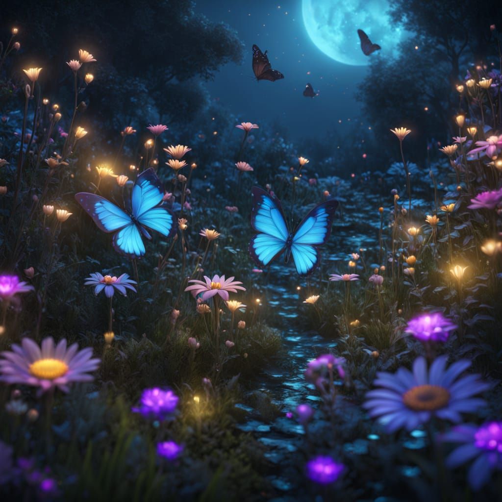 Bioluminescent Butterflies in a Night Garden