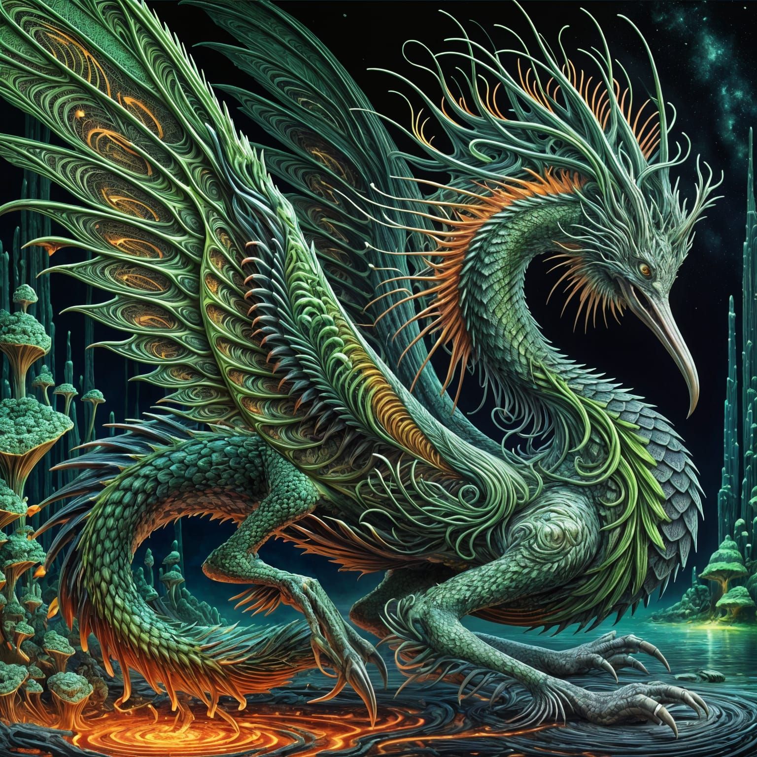 Detailed Heron-Dragon Hybrid with Chrome Scales and Neon Ora...