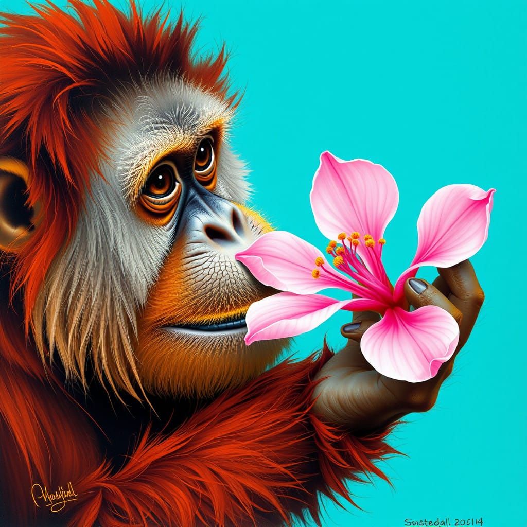 Whimsical Orangutan in Vibrant Turquoise Landscape