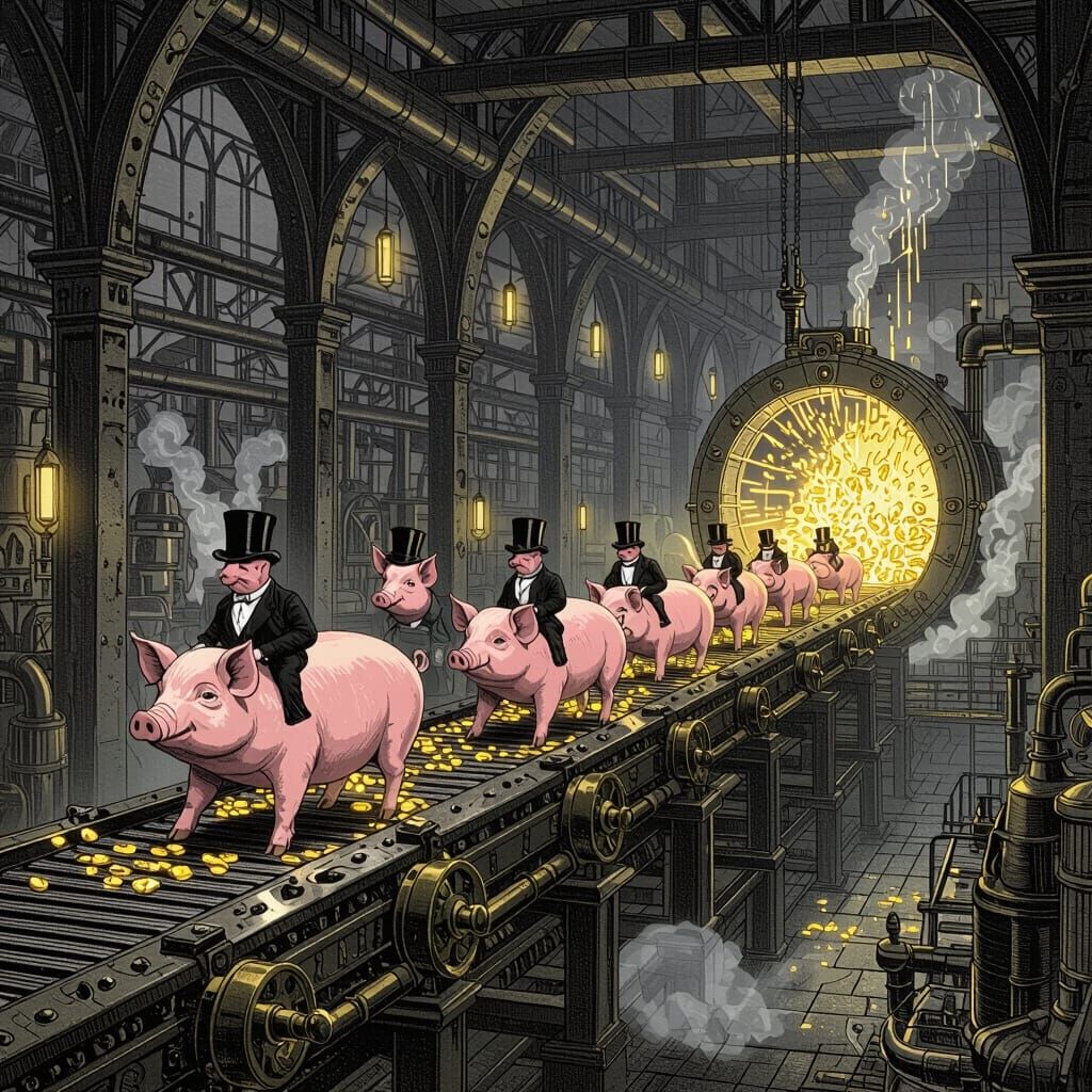 Satirical Engraving of Dystopian Factory & Wealth Extraction