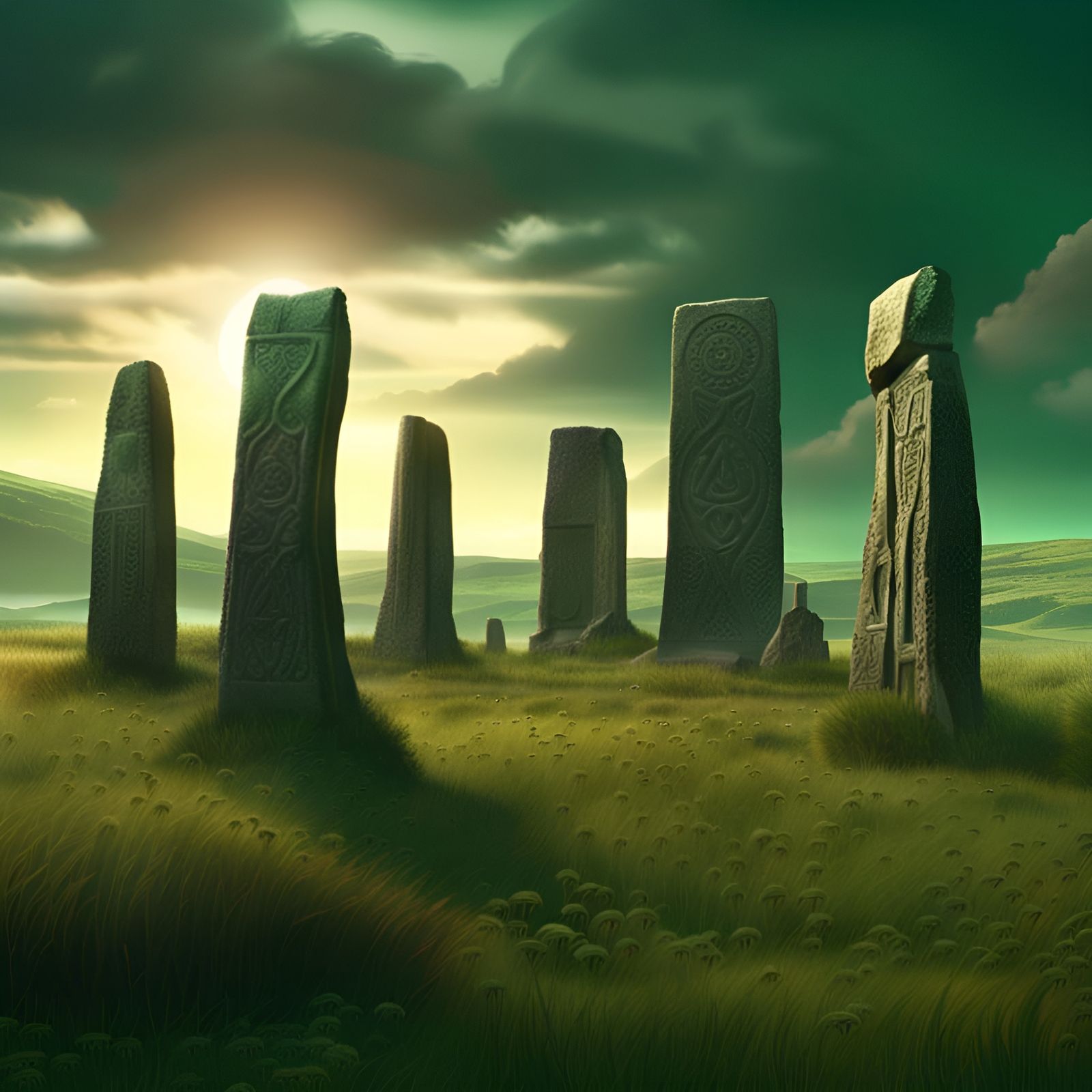 Mystic Celtic Standing Stones Under Crescent Moon
