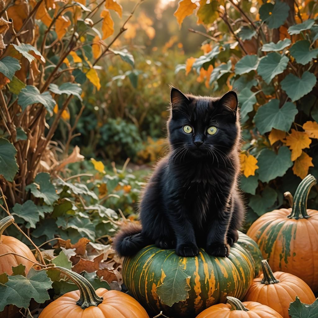 Black Kitten with Green Eyes on Pumpkin