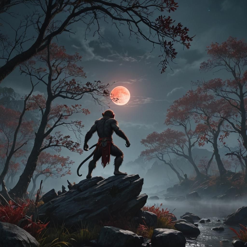 Monkey King in Misty Field Under Red Moon