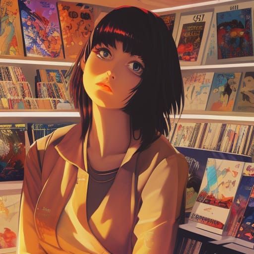 Ana de Armas in Record Store, Vintage Anime Style