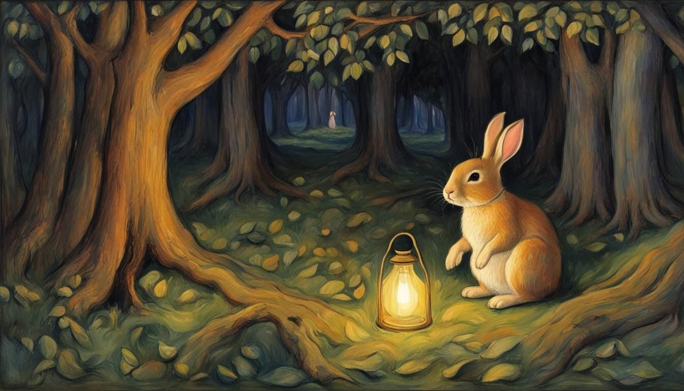 Rabbit and Demons in Bleeding Forest: Oil Painting