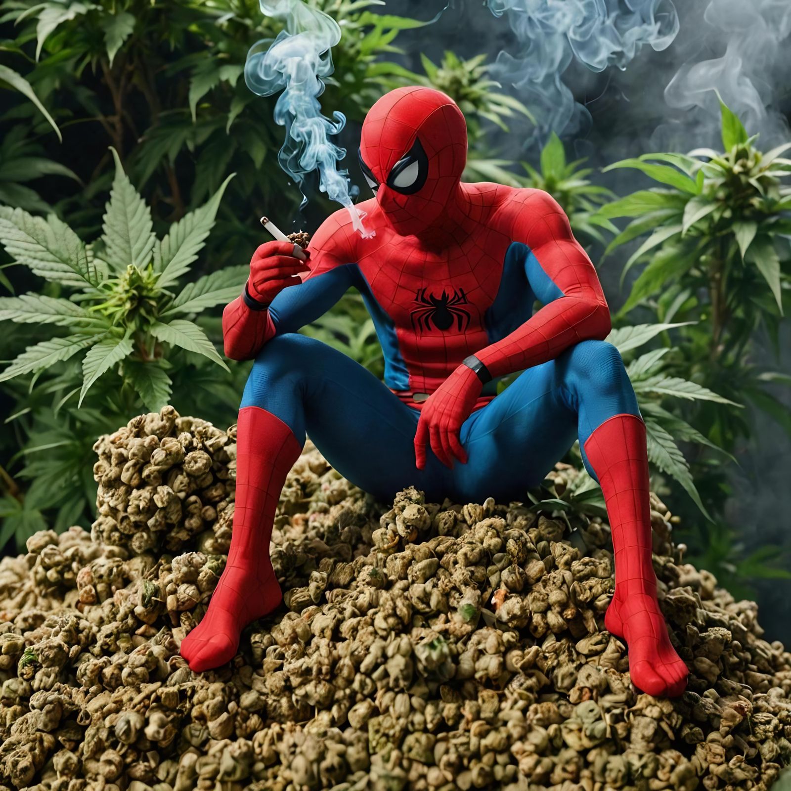 Spider-Man Smoking Joint in Marijuana Pile, Realistic