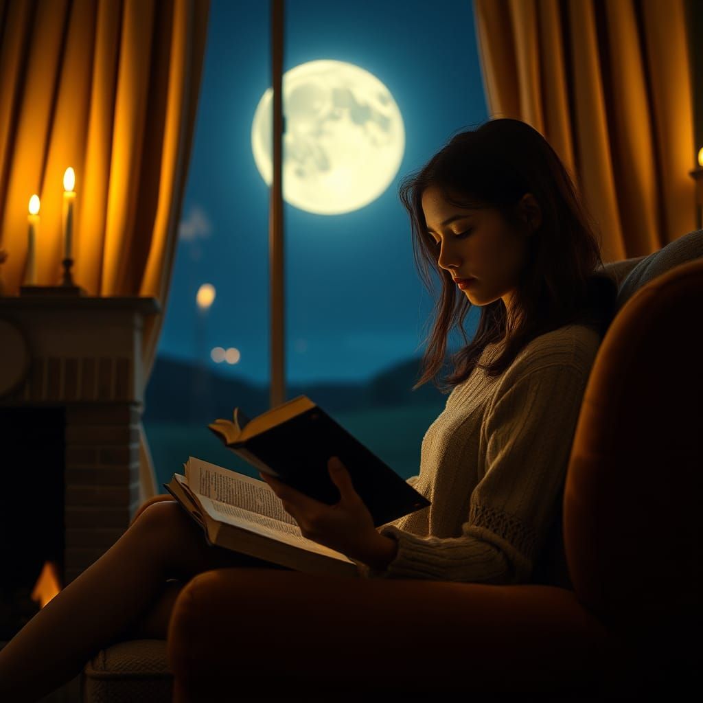 Girl Reading by Fireplace in Golden Light