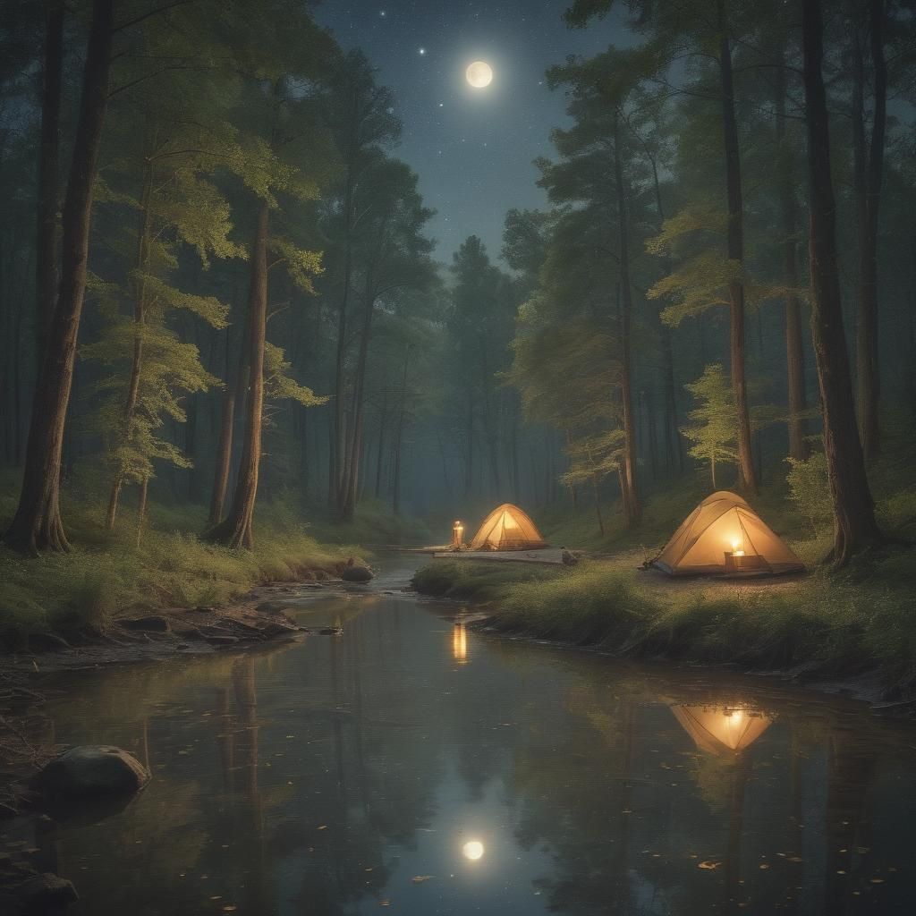 Riverside Campsite Under a Starry Sky: Fantasy Art